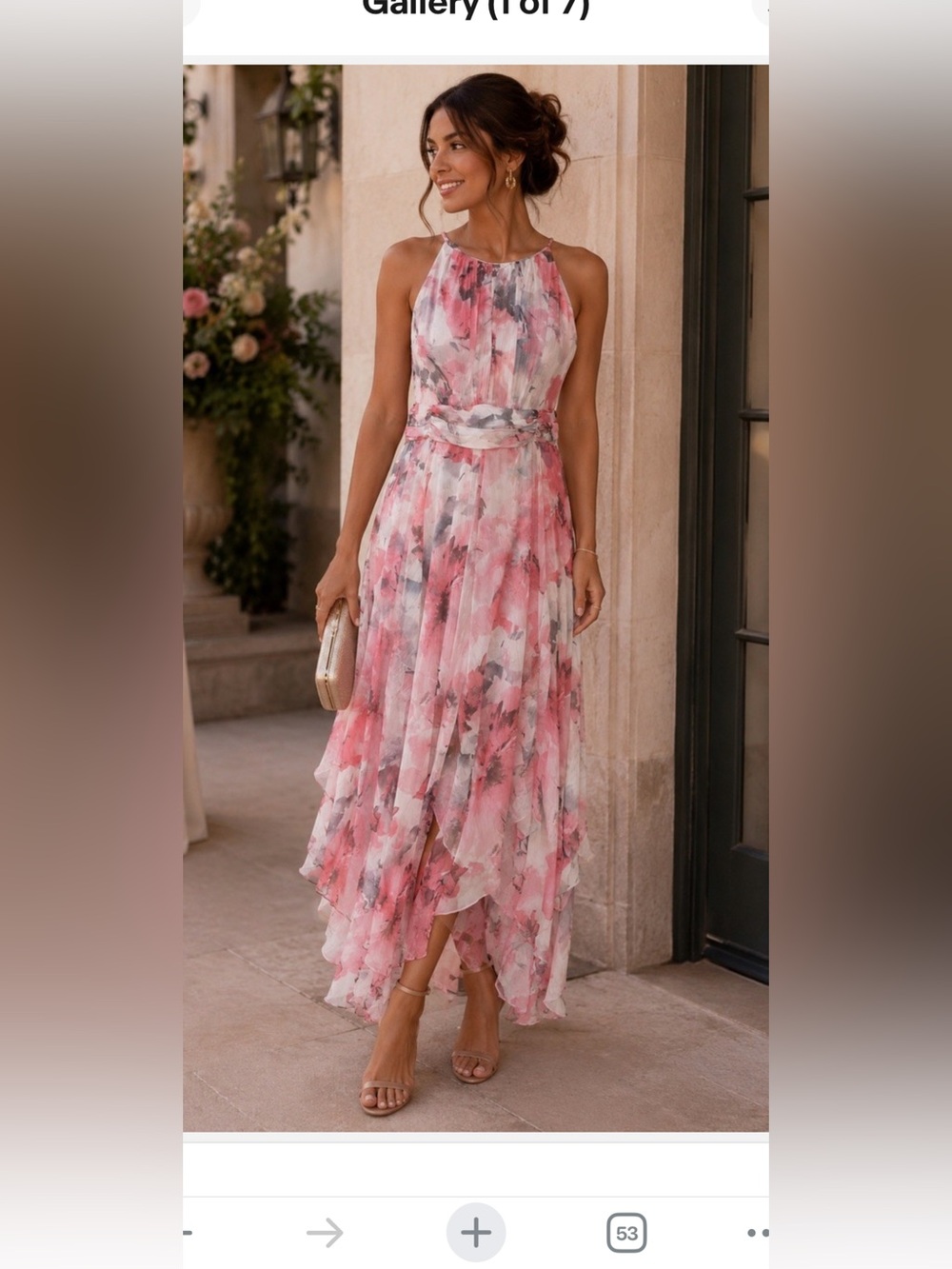 R&M Richards Floral Chiffon Maxi Dress - Halter Neck & Hankie Hem, Size 10